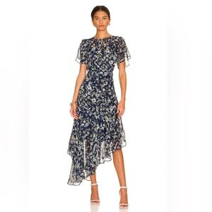 ASTR THE LABEL Blue Green Floral Ruffle Asymmetrical Hem Midi Dress Size Small